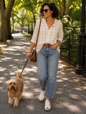 Michael Kors Cream Blouse with Olive Windowpane Grid
